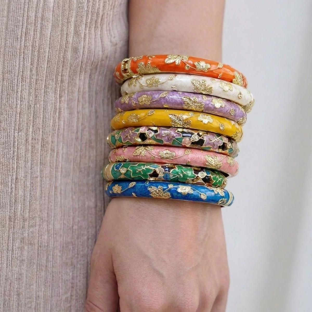 Vintage Ethnic Colorful Enamel Flower Pattern Cuff Bracelets For Women Men Bohemian Rhinestone Leaf Stackable Bangles Jewelry