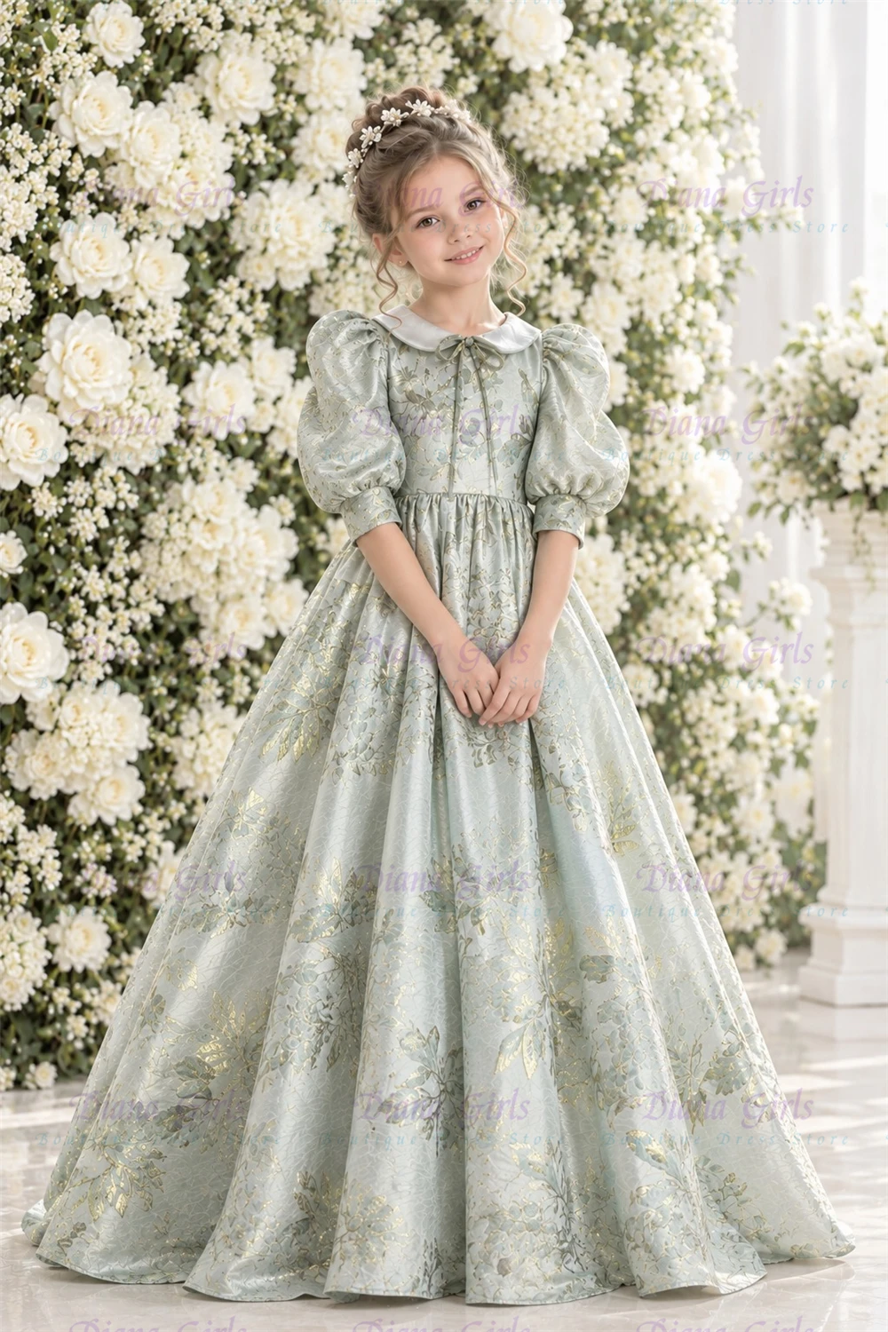 Quality Gorgeous Premium Printed Fabric First Communion Gowns Flower Girl Dress for Stamp Satin Pleated Wedding Evening Ball