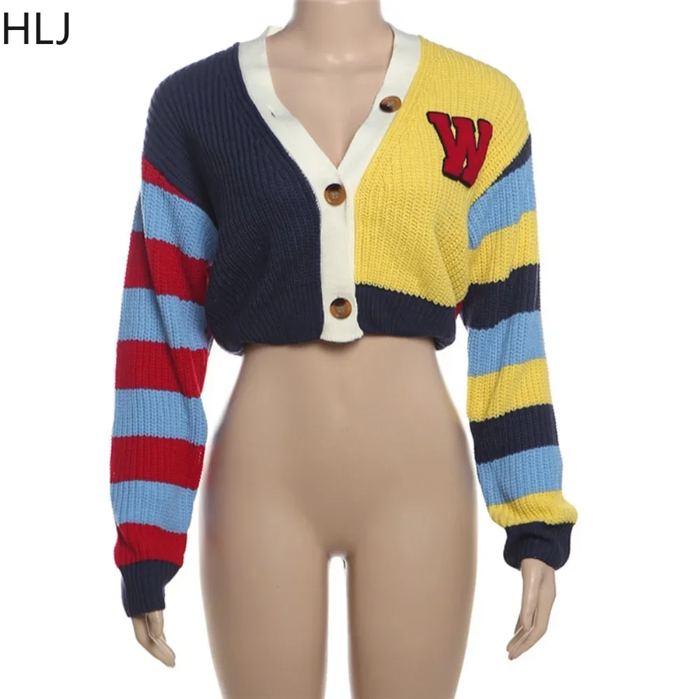 HLJ Fashion Multicolor Patchwork Knitting Two Piece Sets Women V Neck Button Long Sleeve Crop Top And Mini Pleated Skirts Outfit