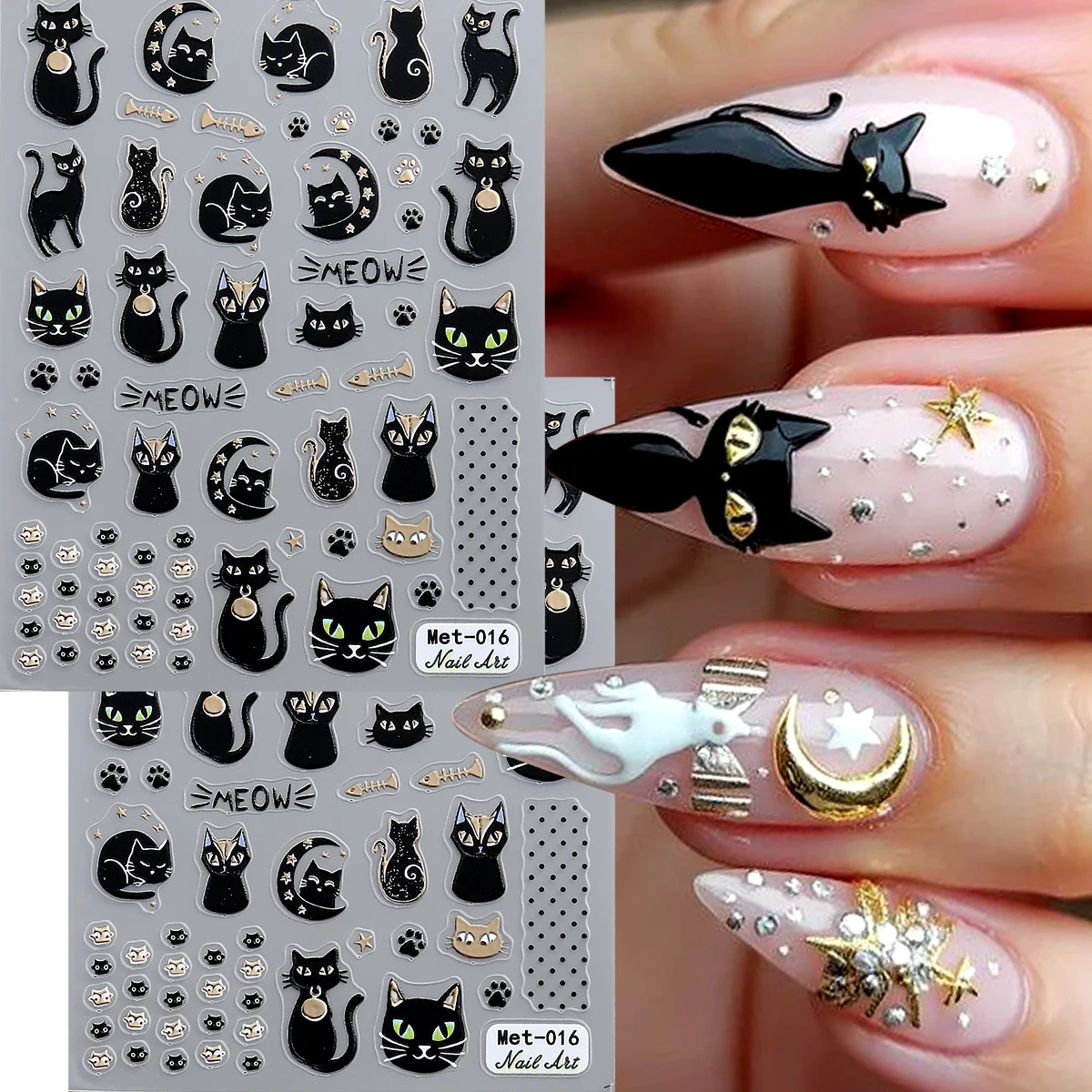 Niedliche schwarze Katzen-Nagelaufkleber, Cartoon-Kätzchen-Nagelsticker mit Stern-, Mond- und Pfotenabdruckmuster für DIY-Maniküre-Dekor, Nägel, Nagelstudio.