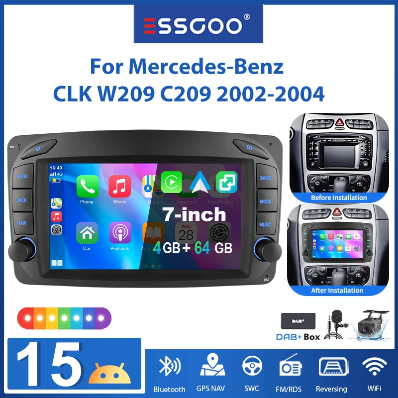ESSGOO 7-Zoll Android 15 4+64G Autoradio für Mercedes-Benz CLK W209 C209 2002-2004 mit Wireless Carplay, Android Auto, GPS-Navigation, RDS, FM, WLAN, Mirror Link, Lenkradsteuerung, Touchscreen,