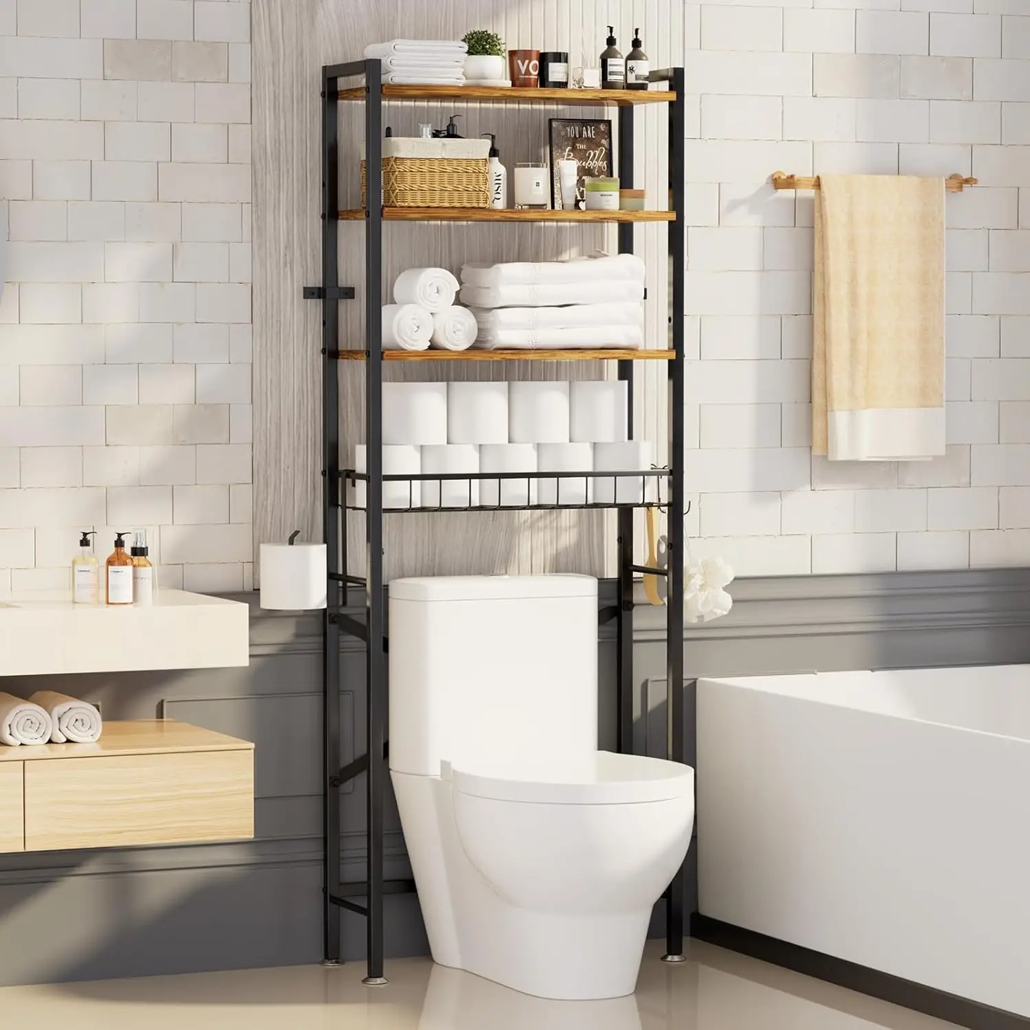 

Over The Toilet Storage Cabinet, 4-Tier Bathroom Organizers and Storage with Adjustable Shelves, Freestanding Over-The-Toilet