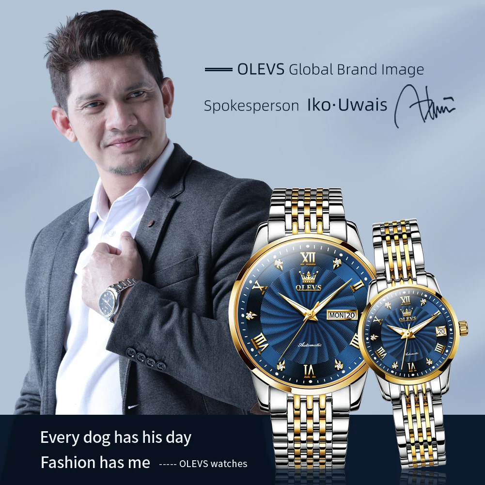 OLEVS Pareja Reloj Automático Mecánico Diamante Calendario Romano Reloj de Pulsera Moda Whirlwind Dial Reloj Amante Regalo para él o ella