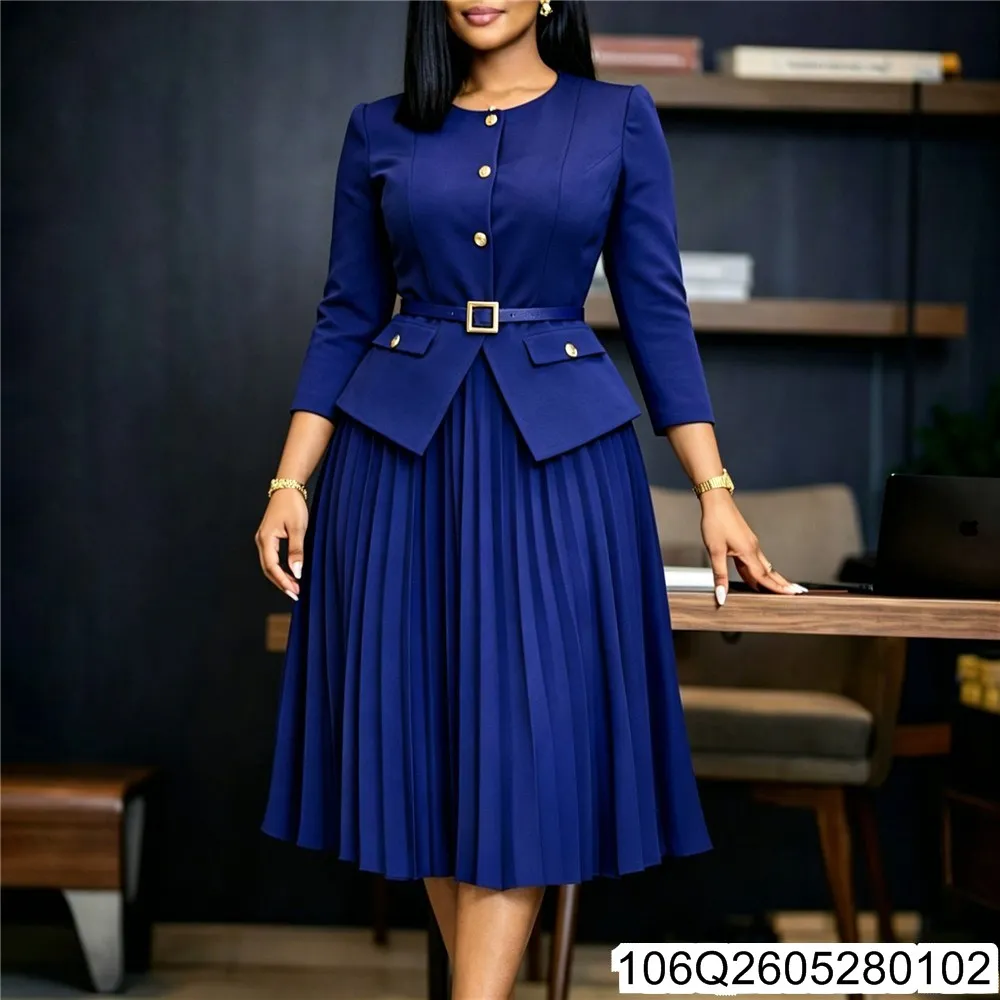 2026 Neues Afrikanisches Sommerkleid für Damen mit Rundhalsausschnitt, Patchwork, Plissee, Zweiteiler-Optik, Einfarbig, Übergröße 106Q26052801