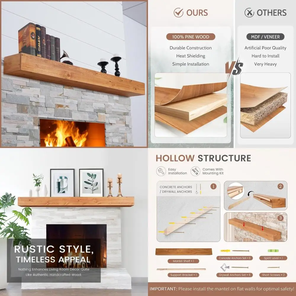 

66 Rustic Solid Wood Fireplace Mantel Shelf - Floating Wall Decor for Home, Bedroom, TV, Books