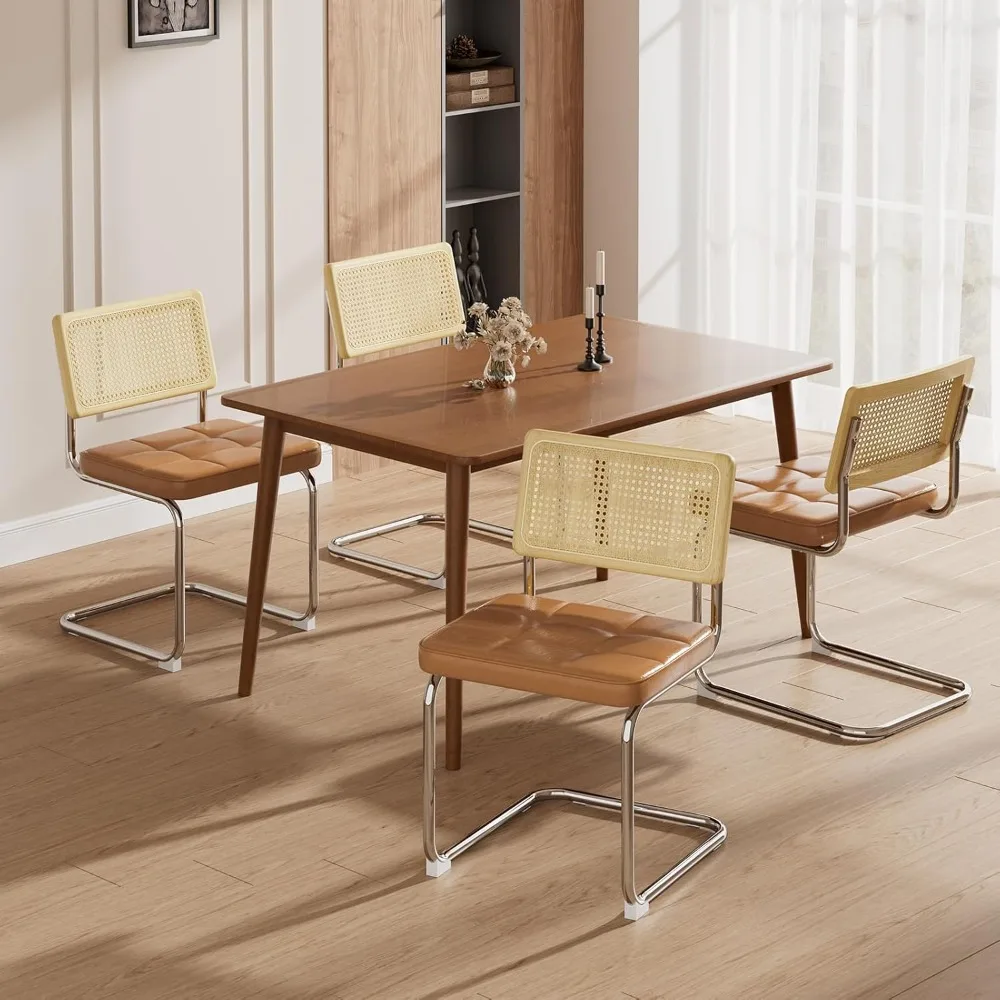 Modern Dining Chairs Set of 4, Faux Leather Upholstered Dining Room Chairs with Cane Back and Metal Legs, Boho Rattan Chair