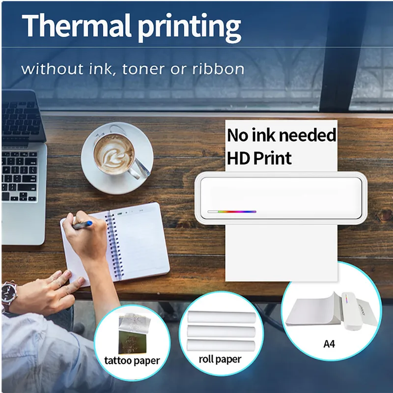 Printer Termal A4 Tanpa Tinta Portabel Printer Transfer Stensil Tato Dokumen Kantor Kompatibel dengan Android IOS Windows Mac OS
