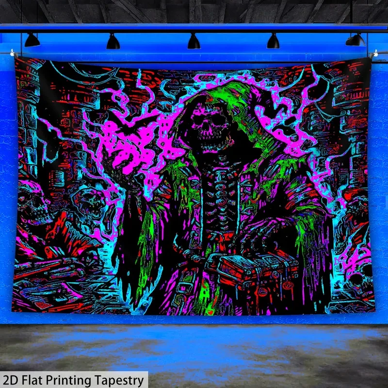 VIKAMA UV Reactive Grim Reaper Tapestry Blacklight Skull Wall Hanging Psychedelic Aesthetic Tapestries for Bedroom Decor