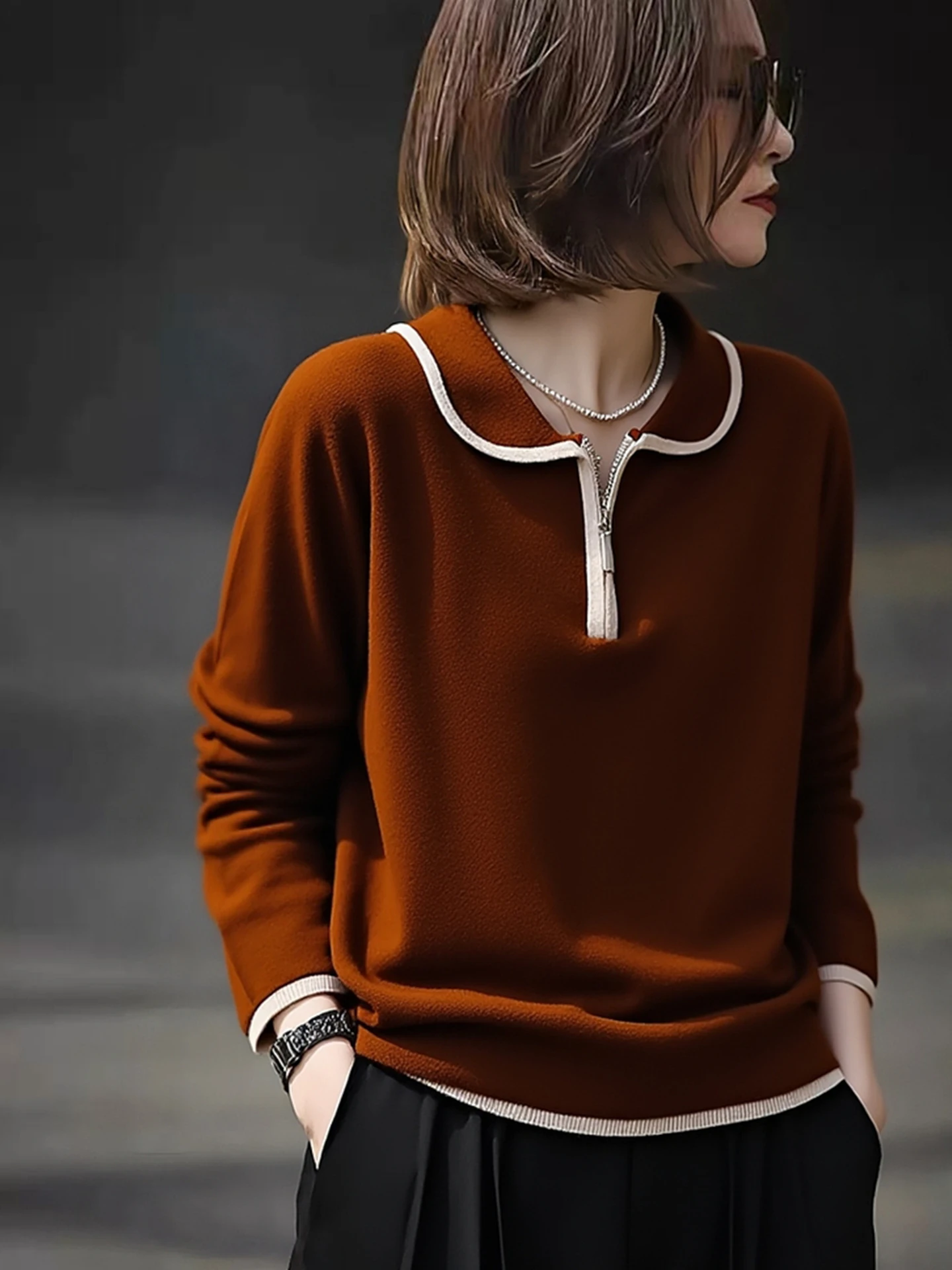 

Ele Korean Sle Long Sve Knitted Sweater with f Zipper Doll Collar for Women Age Reduction Casual Wear