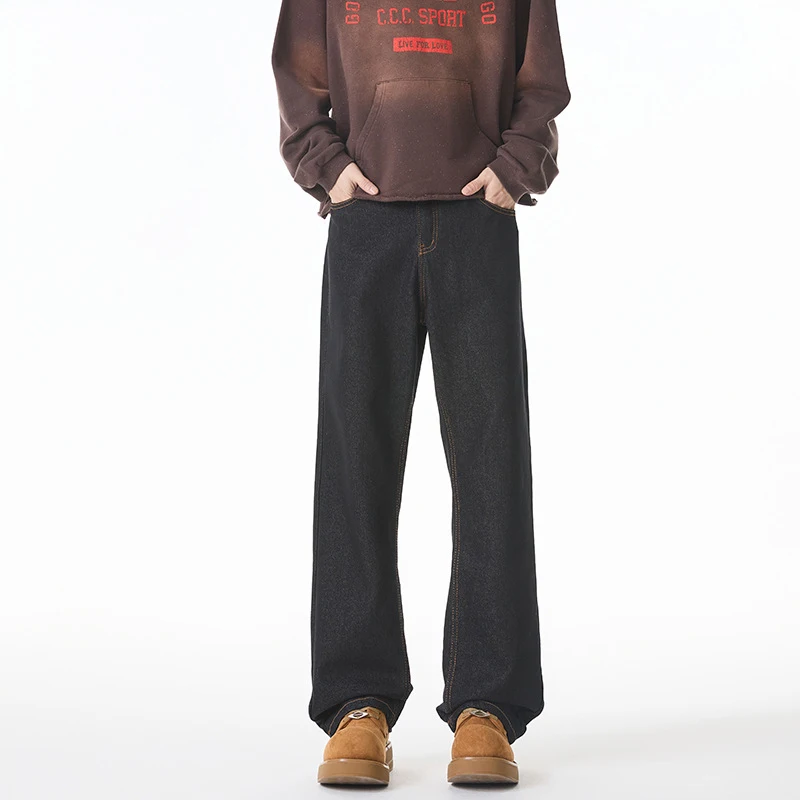 Men's American Style Trendy Cool Heavy-Duty Washed Denim Jeans Wide Leg Cotton Wear-Resistant Casual Wide Width Pants