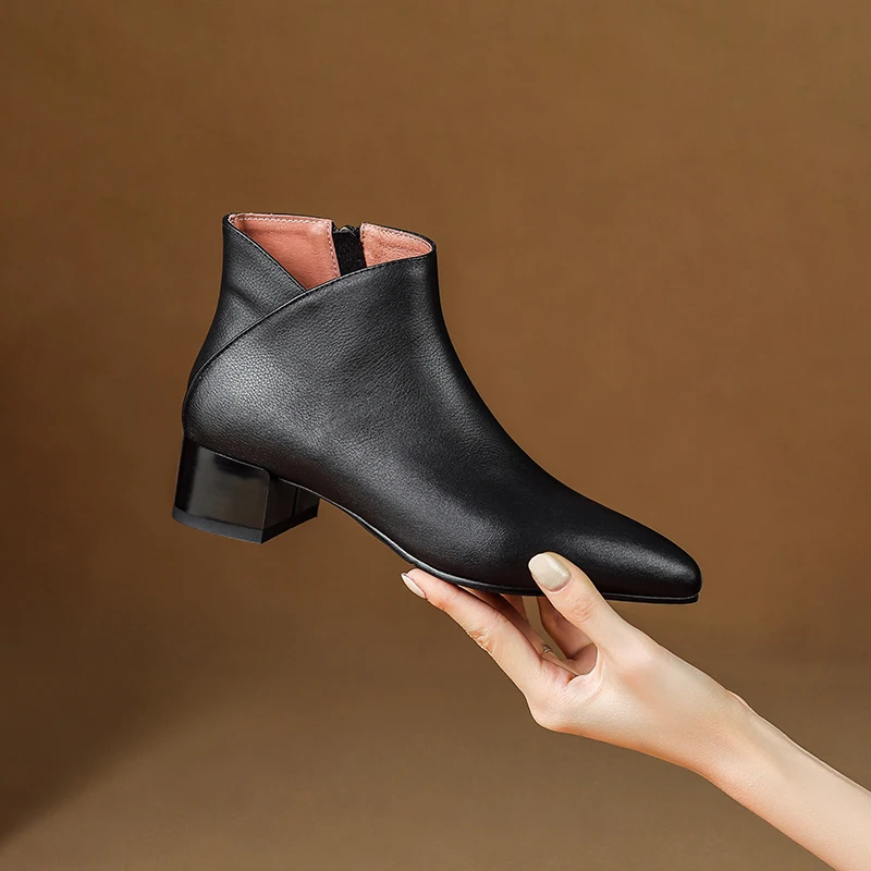2026 new autumn winter women ankle boots plus size 22-26.5cm cowhide+pigskin/plush pointed toe side zip women short boots
