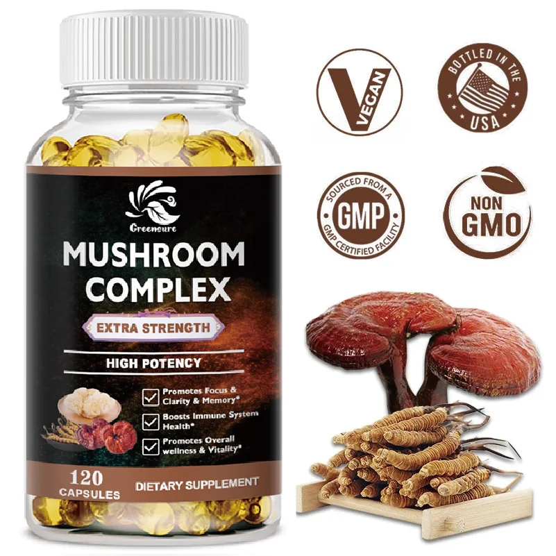 Vegan 10x Mushroom Complex Capsules with Lion's Mane, Chaga, Reishi, Cordyceps For Men and Women Relief Stress Dietary Supplemen