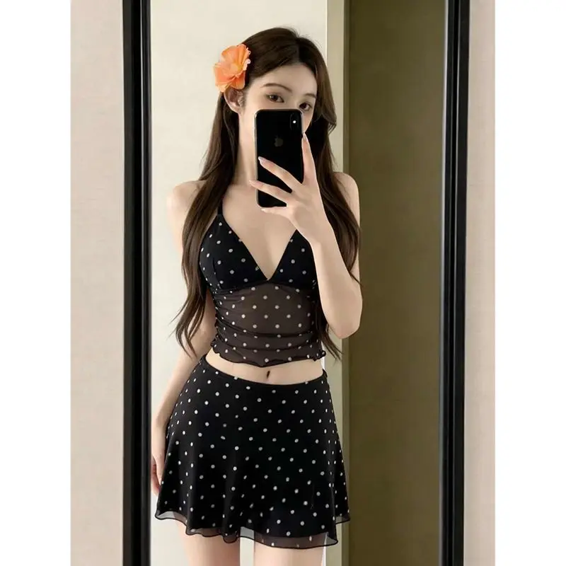 Sexy Polka Dot Mesh Strap Vest High Waist Short Skirt Two Piece Set Women's Casual Summer Fashion Outfit Breathable Polyester