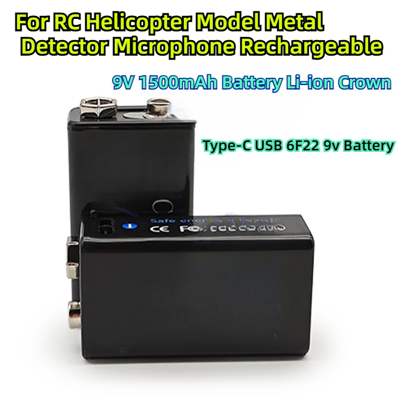 For RC Helicopter Model Metal Detector Microphone Rechargeable 9V 1500mAh Battery Li-ion Crown Type-C USB 6F22 9v Battery