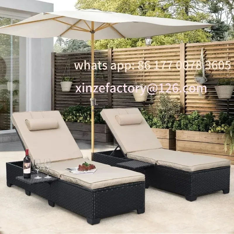 

Customizable Outdoor PE Wicker Chaise Lounge Chairs Set of 2 Patio Black Rattan Reclining Chair Adjustable Backrest Pool Sunbath
