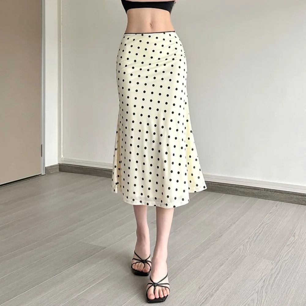 SylCue Polka Dot Print Mid Skirts Women Summer Trend Elastic Waist Sweet Girl Street Fashion Versatile Y2K Style Elegant Cloting