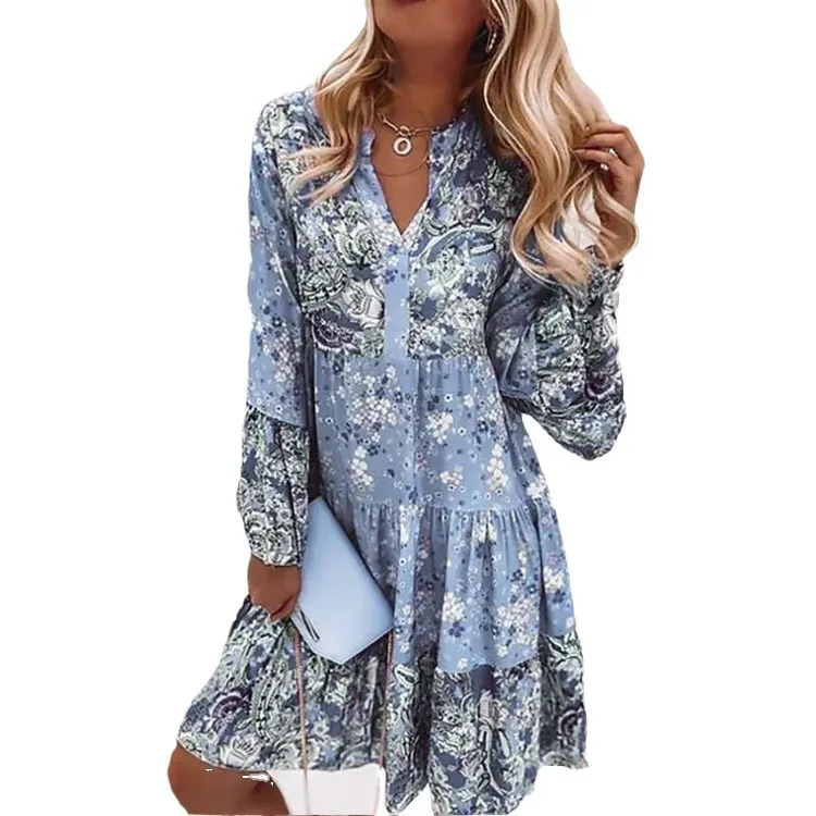 Floral Dress for Women 2024 Summer Oversize Elegant Long Sleeve Casual Dresses Female Loose Bohemian Beach Holiday Dresse New