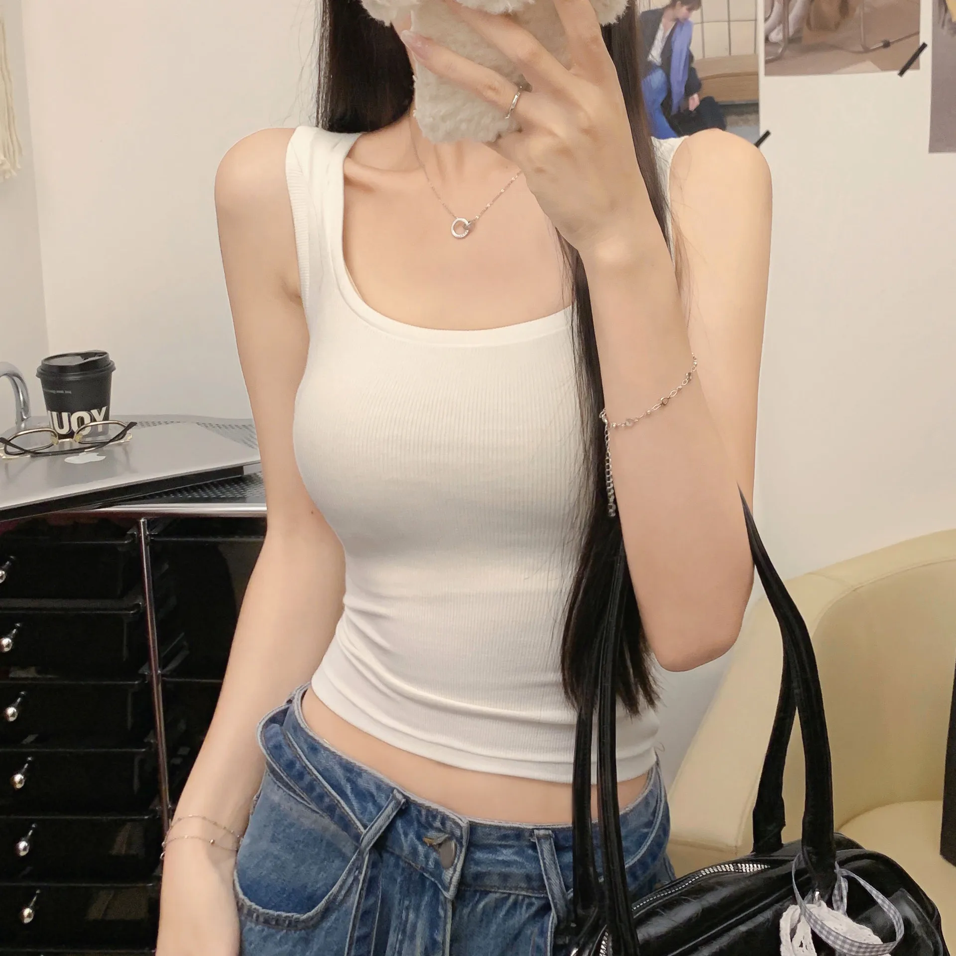 Women Sling Vest U Neck Wide Shoulder Strap Solid Color Viscose Ribbed Slim Fit Short Sleeveless Camisole Summer Inner Top