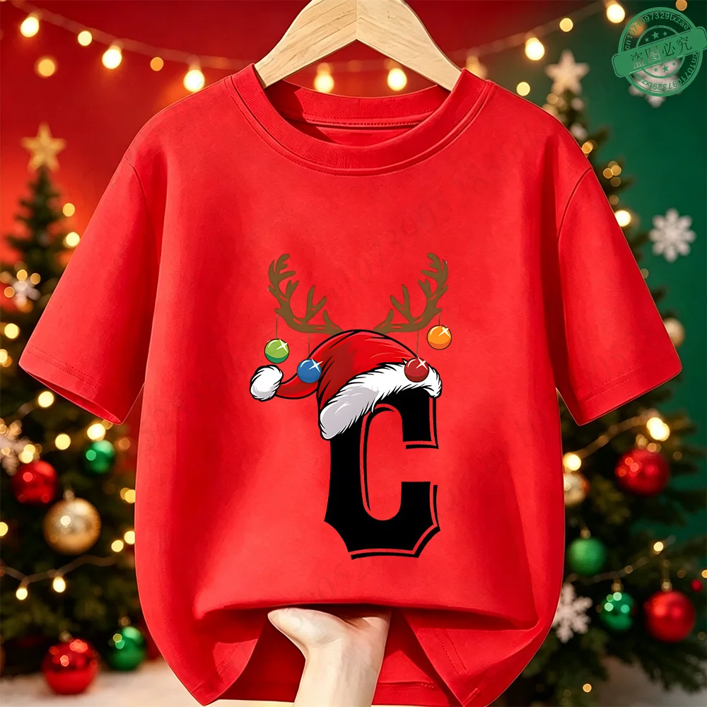 Cotton Kids Christmas T‑Shirt Santa Hat Antlers A‑Z Letter Holiday Print Short Sleeve Boys Girls X‑mas Party Children's Tee