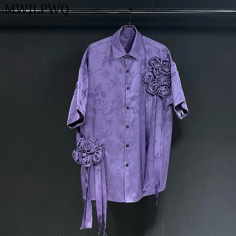 

MWJLPWQ Rose Jacquard Niched Design Purple Shirt Men High Street Elegant Lapel Single Breasted Casual Short Sleeve New Top 11086