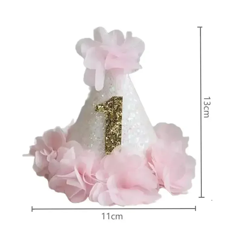 1 2 3 Years Old Birthday Hat Pink Flower Princess Hats Baby Girls Mini Headband Baby Shower Happy Birthday Party Decoration Cap