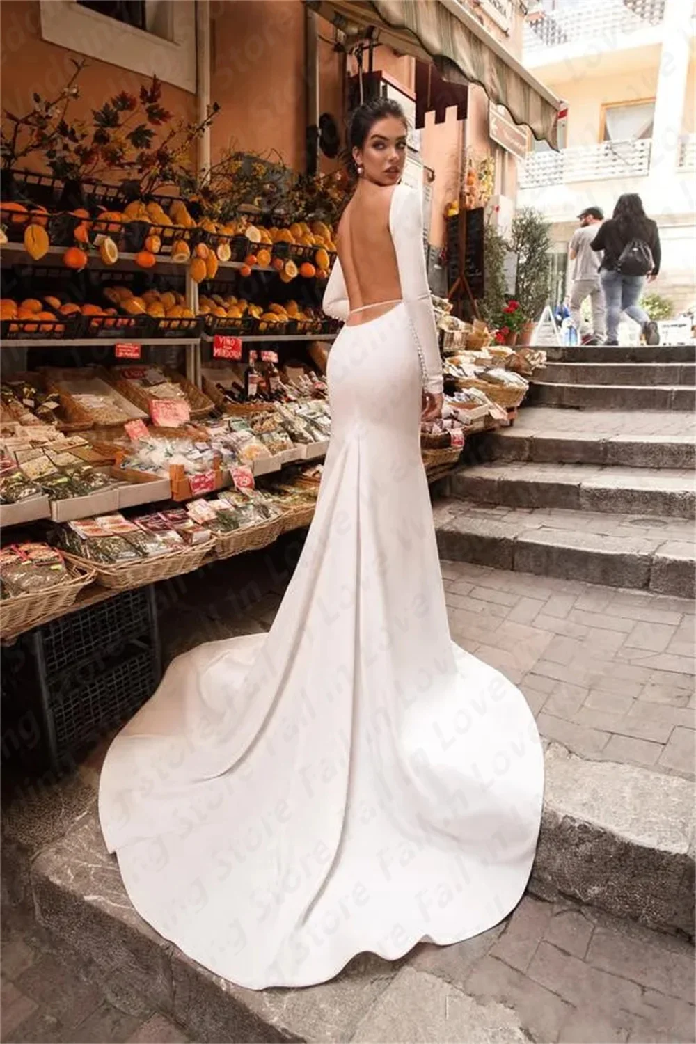 Vestidos de novia de sirena sin espalda, vestido de novia de satén liso de manga larga con cuello redondo, vestido Formal femenino, Sexy