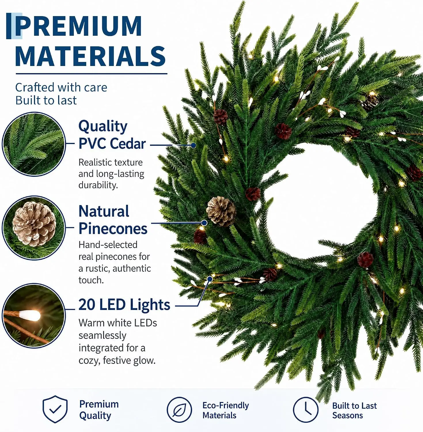 24 Inch Mixed Pine Artificial Christmas Wreath with LEDs and Timer 20 Lights 8 Lighting Modes Cypress and Pine Cones Battery Operated Pre Lit Xmas Decor for Front Door Wall and Fireplace 3