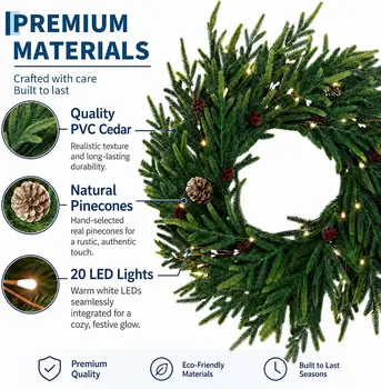 24 Inch Mixed Pine Artificial Christmas Wreath with LEDs and Timer 20 Lights 8 Lighting Modes Cypress and Pine Cones Battery Operated Pre Lit Xmas Decor for Front Door Wall and Fireplace 3