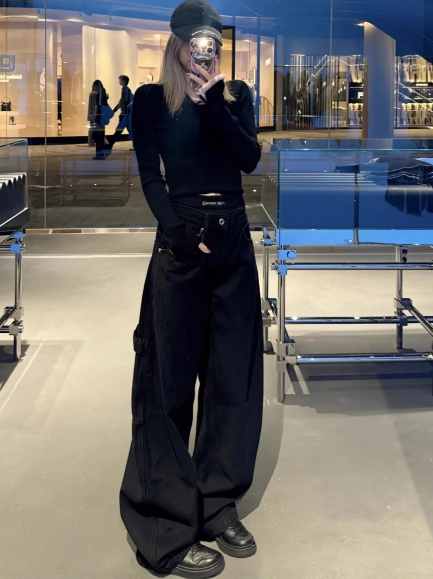

High Waist Wide Leg Patchwork Double Waisand American Retro Sle Women's Jeans Loose Fit Bootcut Design Winter Collection