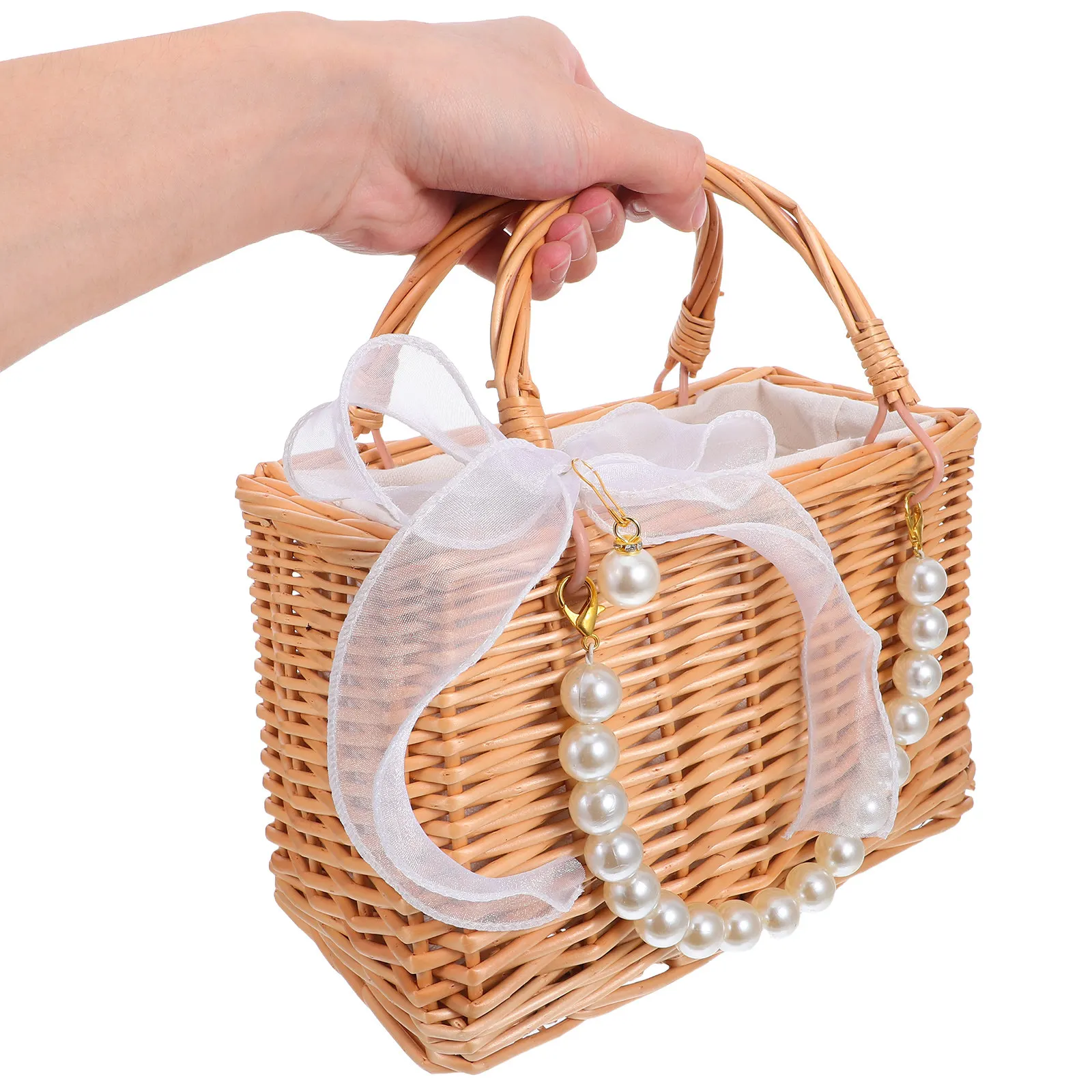 

Handheld Pearl Flower Basket Woven Willow Fabric Iron Storage Basket For Wedding Party Home Office Garden Use