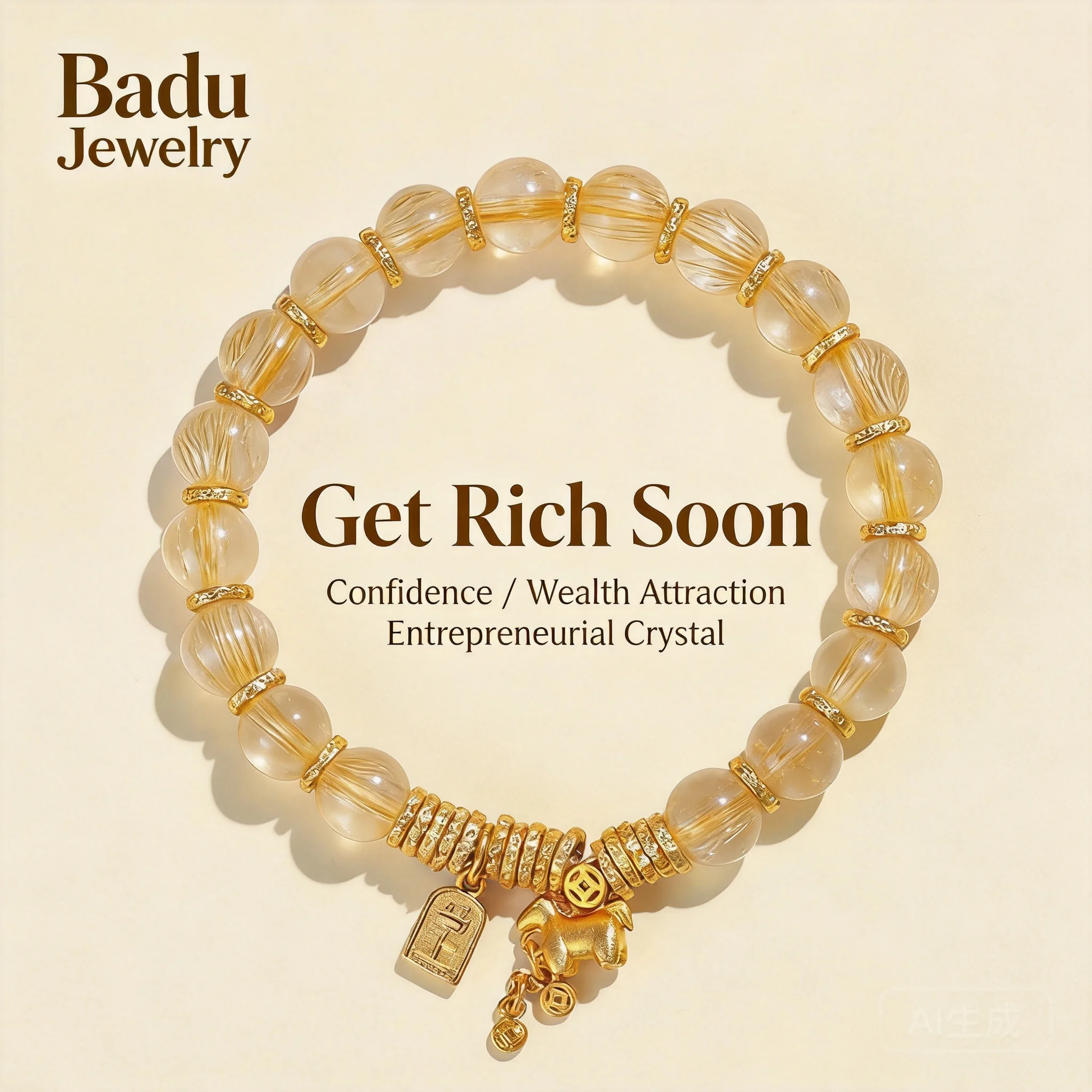 

24k Gold Plated Natural 9mm Rutilated Quartz Bracelet For Women Cute Horse Charm Lucky Feng Shui Wealth Attracting Jewelry Delic