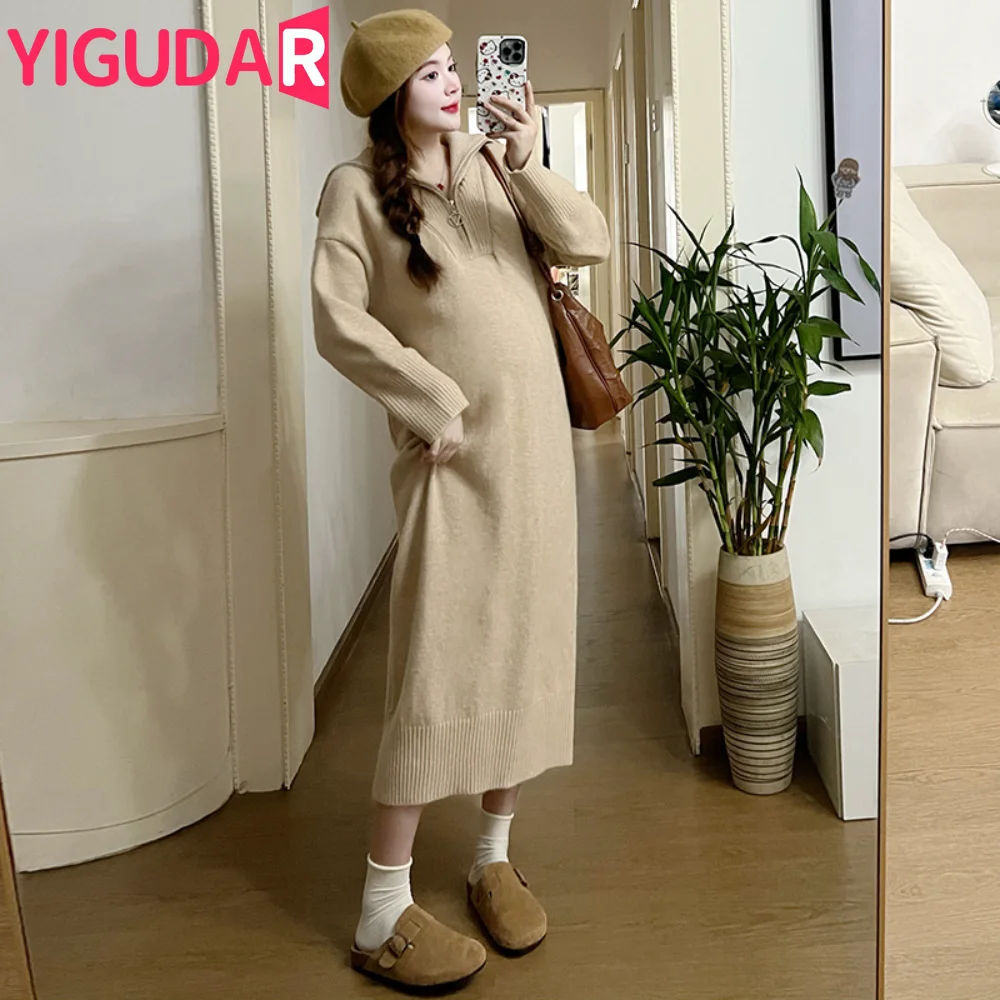 

Korean Style Autumn Maternity Dress Knitting Long Sleeve Loose Pullovers Pregnant Woman clothing pregnancy dress Sweater