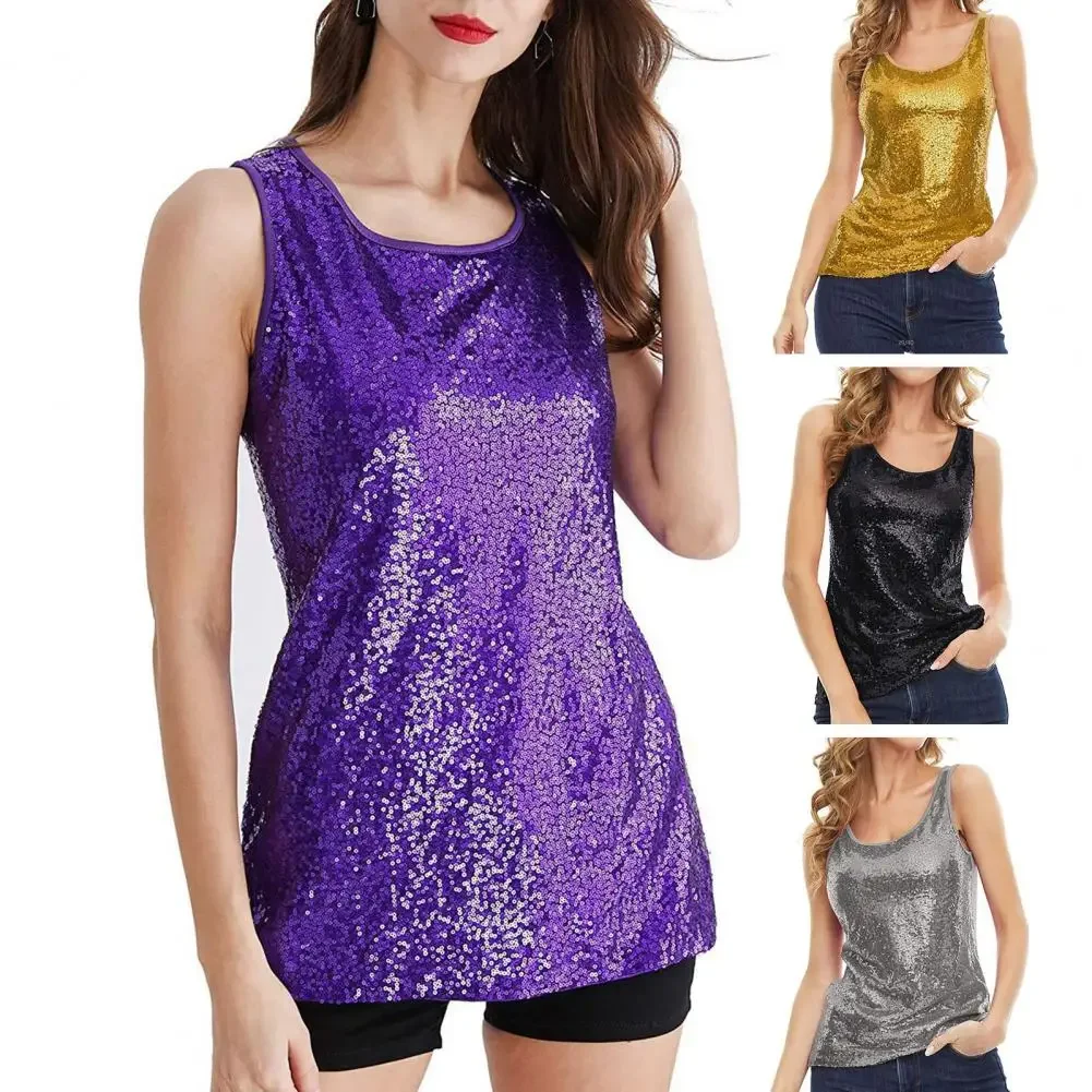 Sexy Women Ladies Sequined Bling Shiny Tank Tops Sleeveless T Shirts Camis Blouse Vest Bottom Sling Top Multicolor