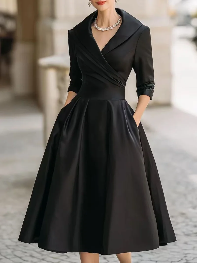 

Fashionable commuting lapel cross pleated waist A-shaped dress for women