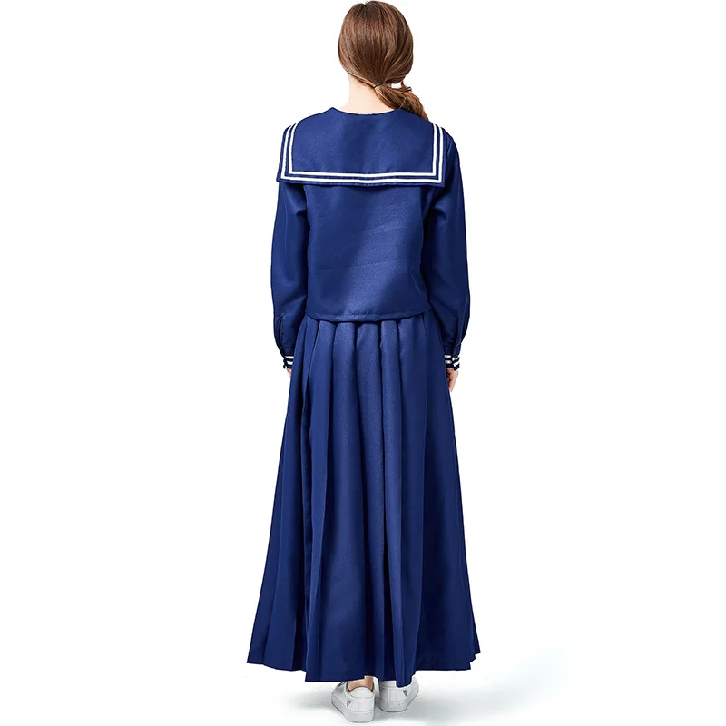 Women's Dark Blue Preppy Style Long Sleeve Navy Blue Sailor Suit Shirt Pleated Maxi Dress Red Tie Halloween Outfit Masquerade