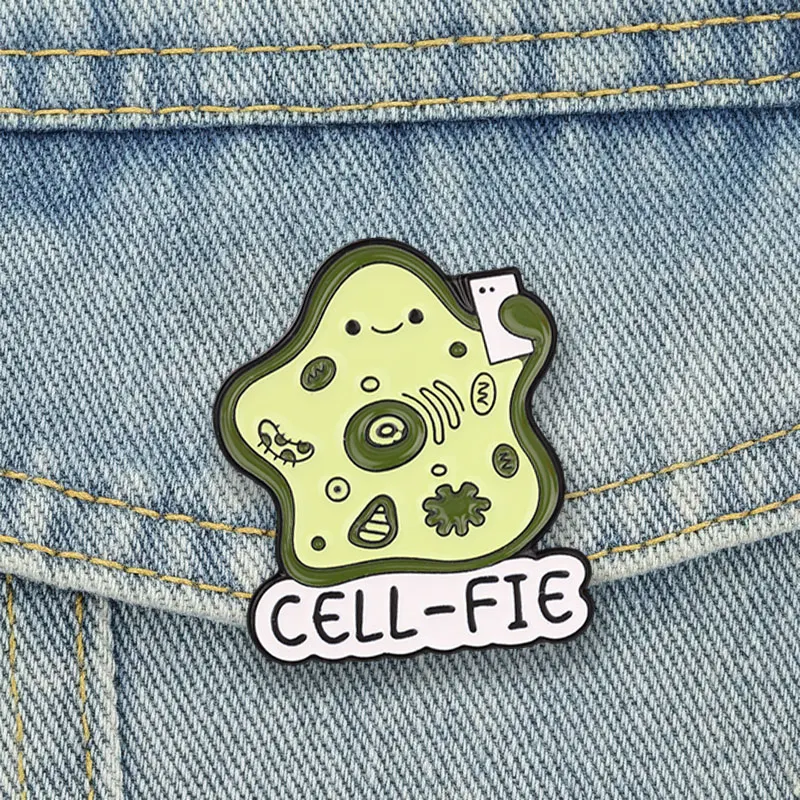 CELL-FIE Biology Cell Enamel Pins Cartoon Science Pun Brooches Lapel Badge Fun Selfie-Taking Jewelry Accessory Gifts For Friends