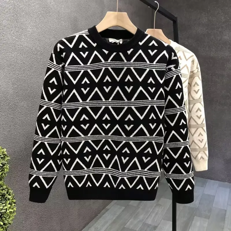 Autumn Winter Men's Sweater High Quality Knitted Geometric O Neck Sweater Japan Harajuku High Street Slim Fit Top Men's Clothing