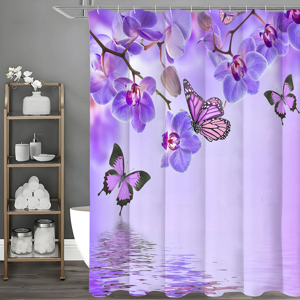 

Purple Butterfly Orchid Flower Butterfly Lake Shower Curtain, Bathroom Decorative Shower Curtain, Waterproof Shower Curtain with
