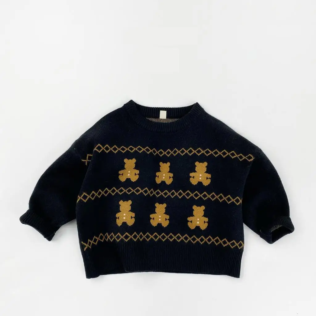 

2025 Autumn New Children Long Sleeve Knit Sweatshirt Boys Girls Cute Bear Knitwear Baby Cartoon Pullover Fashion Kids Clothes