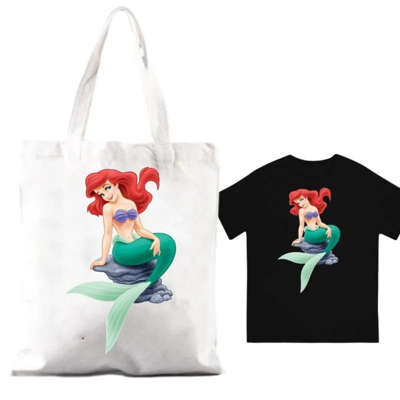 MINISO Little Mermaid Ariel Women Shoulder Bags Couple Combination Clothes Short Sleeve Collar Fashion T shirt  Man Cotton