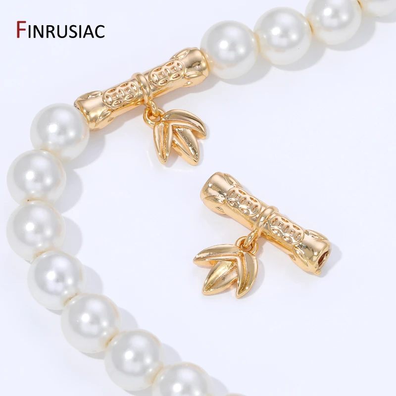

18K Gold Plated Brass Bamboo Joint Tube Spacer Beads With Leaf Charms,Separator Beads For DIY Necklace Bracelet Making Findings