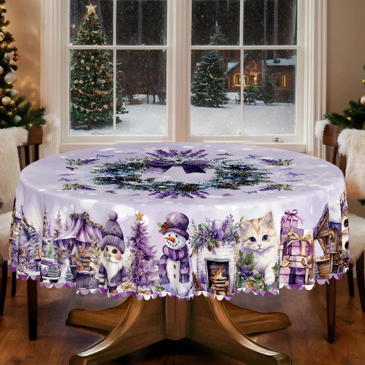 Christmas-themed party tablecloth, snowman elf and cat design print, rectangular and round tablecloth with embossed edges
