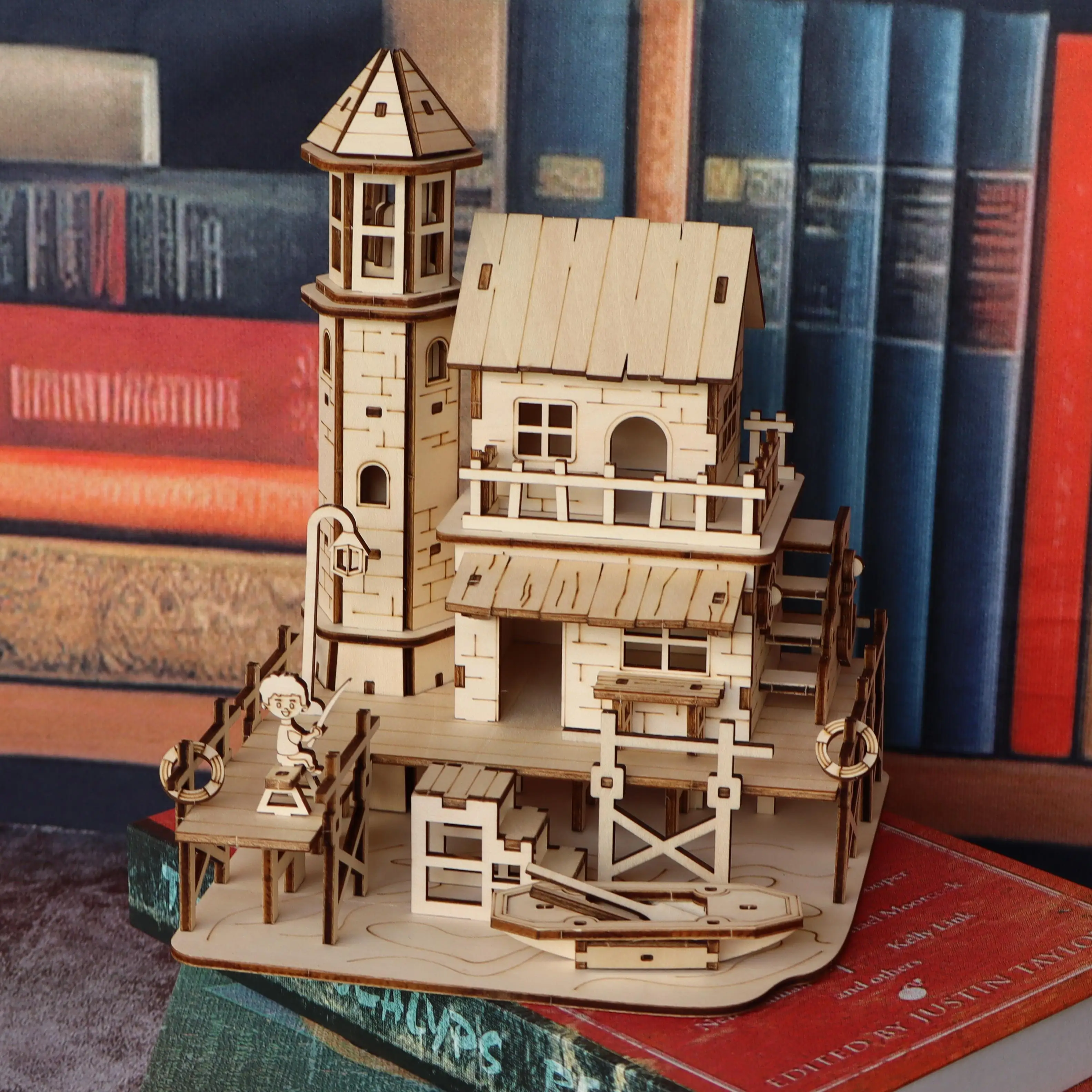 مجموعة نماذج تجميع خشبية لمقصورة الصياد، نموذج بناء قرية الصيد الخشبية ثلاثية الأبعاد مصنوع يدويًا