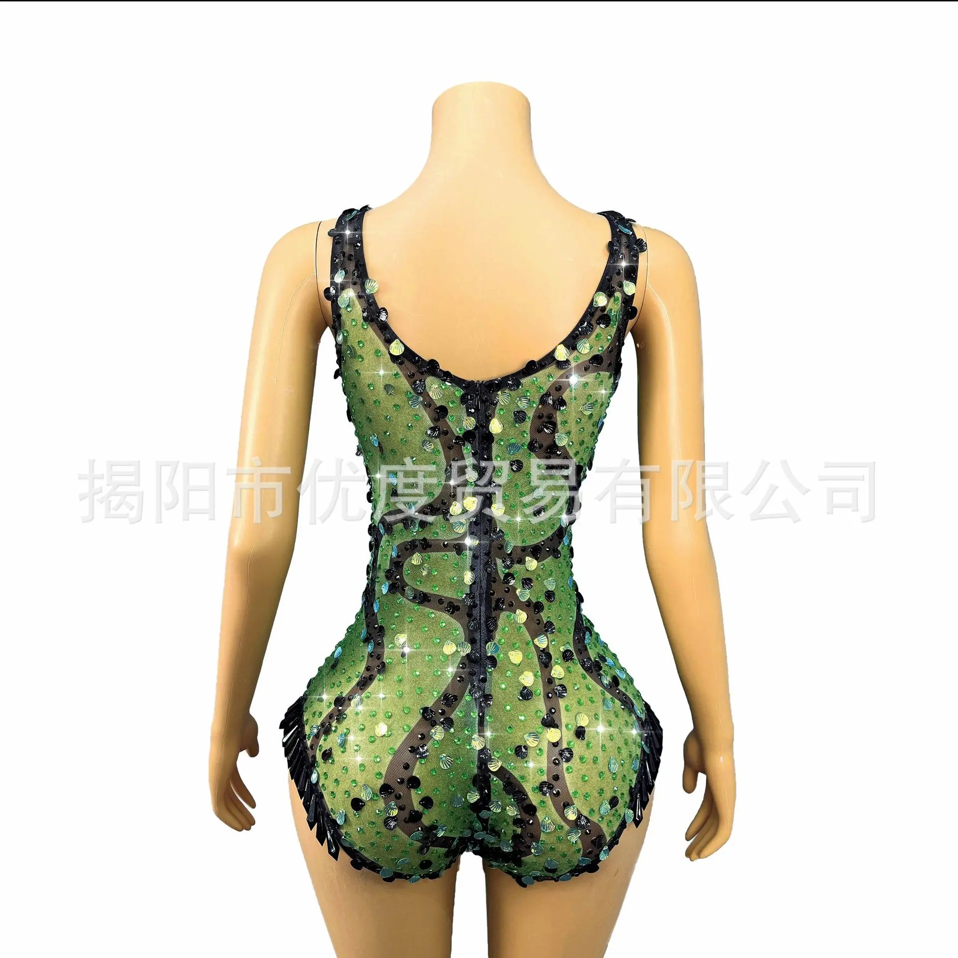 المغني مطرزة حجر الراين قطعة واحدة عالية شوكة المرحلة دعوى قذيفة الزخرفية الرقص دعوى الحلاقة الخضراء ملابس الحفلات فستان للنساء