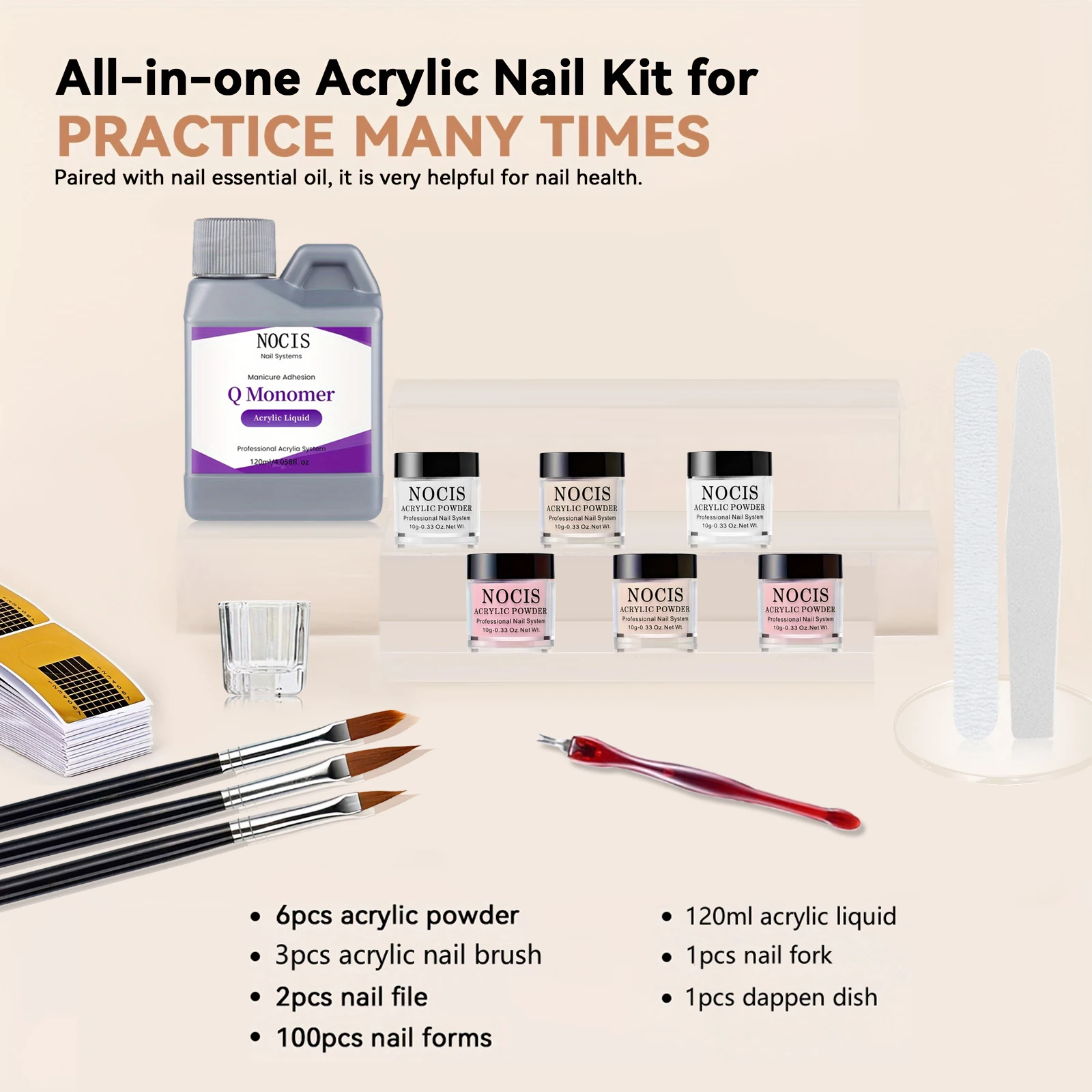 Set per unghie in acrilico: polvere nuda rosa trasparente, soluzione non ingiallimenta, detergente per pennelli e strumenti professionali per nail art per Salo