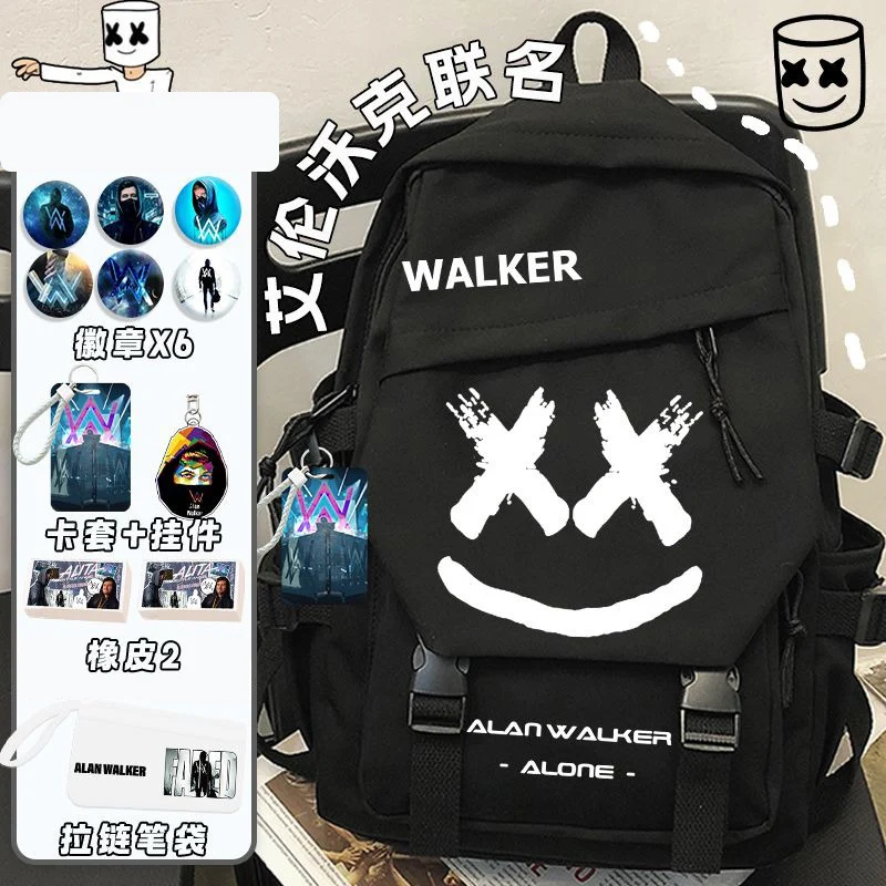 Tas ransel sekolah hitam putih, Alan Walker,AlanWalker, Marshmello, tas ransel sekolah anak-anak remaja kapasitas besar Mochilas Anime anak laki-laki dan perempuan