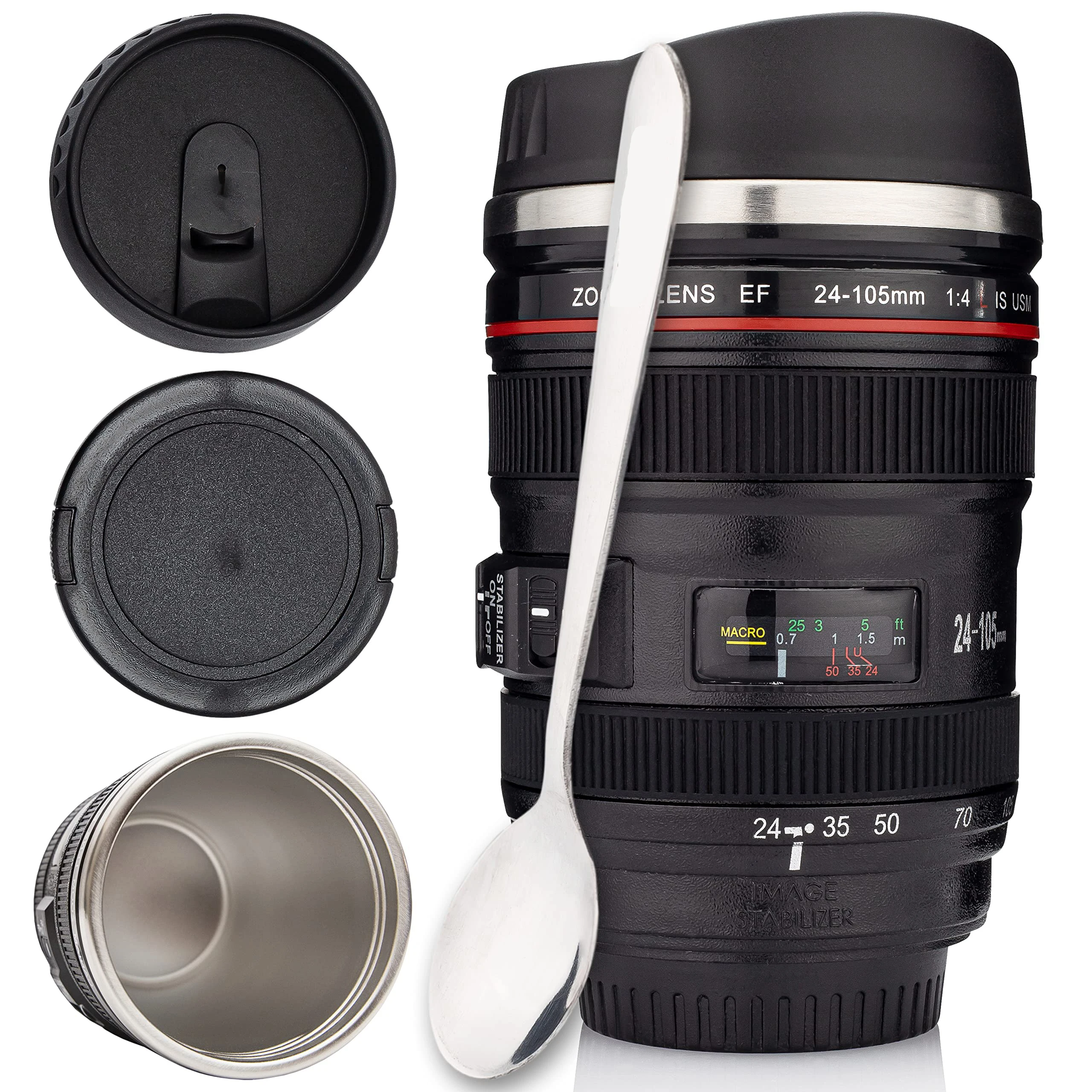 13.5oz/400ml Camera Lens Coffee Mug,304 Stainless Steel Material with Spoon,Photography, Camera accessories, Novelty Gifts
