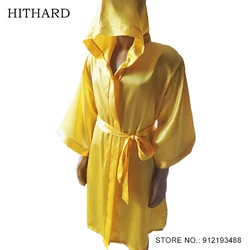 Boxing Robe with Hood Yellow Satin Boxing Workout Robe Classic Martial Arts Fighting Muay Thai Belted Cape Men Women Teenagers