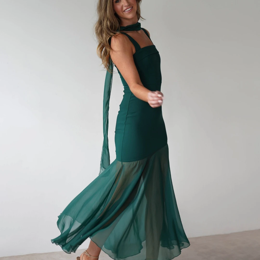 

Chic Spaghetti Straps Mermaid Prom Dresses With Scarf Square Collar Bodycon Ruffle Ankle-Length Wedding Bridesmaid Evening Dress