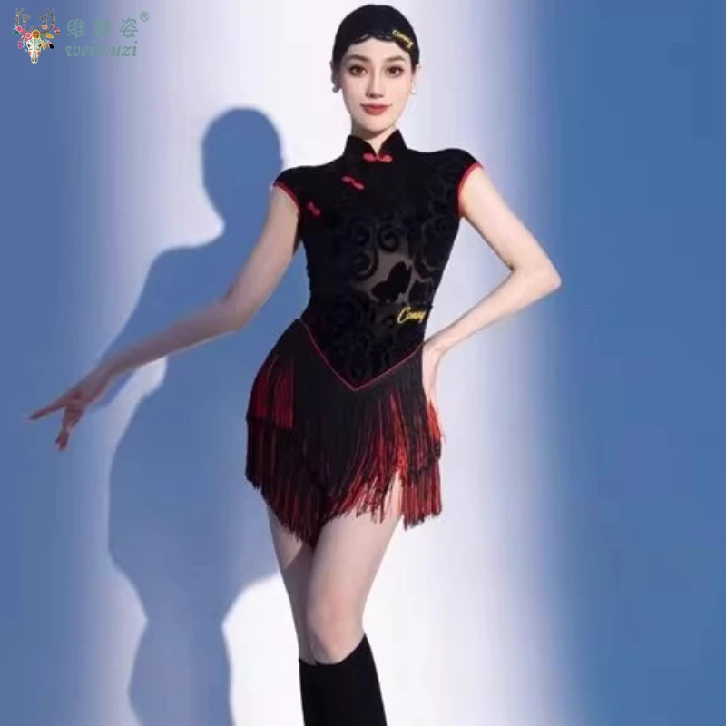 ملابس تدريب الرقص اللاتيني الراقية مثير شيونغسام عارية الذراعين هامش تنورة قصيرة أداء فستان الكبار المنافسة الملابس